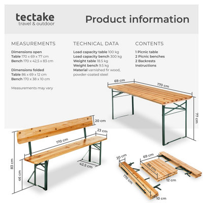 Picnic Table & Benches Franz II - 1 table & 2 benches, foldable, with backrests - brown
