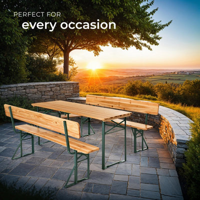 Picnic Table & Benches Franz II - 1 table & 2 benches, foldable, with backrests - brown
