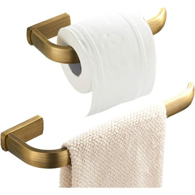 2PCS Brass Toilet Paper Holder 8.3 Inch With Towel Ring – Antique Copper Gold Wall Mount Set