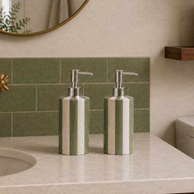 Pier Green & White Striped Liquid Soap Dispenser 2 Set