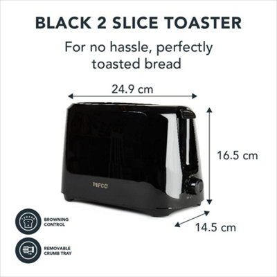 PIFCO Essentials Black Toaster 2 Slice - Compact Design with 6 browning controls & Anti-Jam Function - 700W