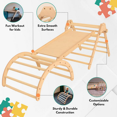 Pikler Triangle 3-in-1 Toddler Climbing Gym - Indoor Playset with Dual-Sided Ramp - Wooden Toys For Kids Montessori Climbing Set