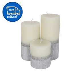 Pillar Candle Set of 3 Silver & White Two Tone Candles by Laeto Ageless Aromatherapy - FREE DELIVERY INCLUDED