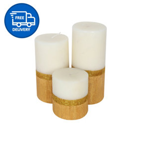 Pillar Candle Set of 3 Unscented Two Tone White & Gold Candles by Laeto Ageless Aromatherapy - FREE DELIVERY INCLUDED