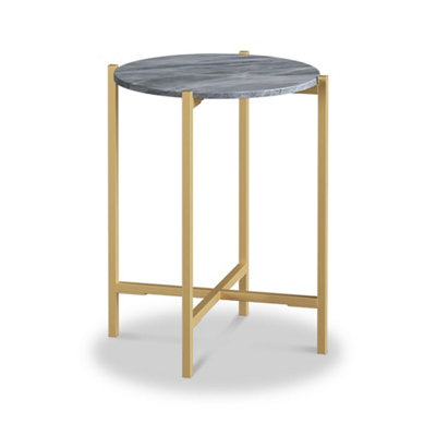 Pimlico Grey 42.5cm Round Marble Side Table - Gold Metal Frame - By Roseland Furniture