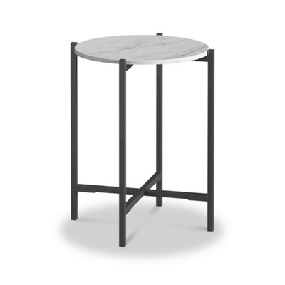 Pimlico White 42.5cm Round Marble Side Table - Dark Grey Metal Frame - By Roseland Furniture