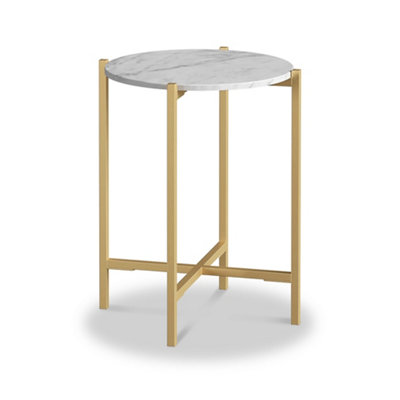 Pimlico White 42.5cm Round Marble Side Table - Gold Metal Frame - By Roseland Furniture