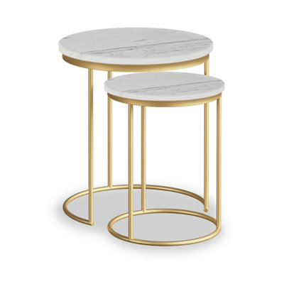 Pimlico White Marble Nest of Tables - Gold Metal Frame- Set of 2 By Roseland Furniture
