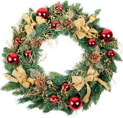 Pine Christmas Wreath with Baubles - Deluxe Assorted Designs Indoor Garland Decorations - Traditional Christmas Decorations