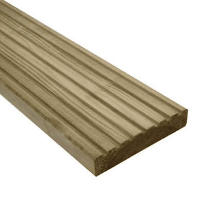 Pine Deck Board Smooth One Side, Grooved on Reverse Pack Green Treated UC3 Softwood of 4 pieces (L) 3.6m (W) 145mm (T) 28mm