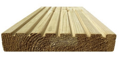 Pine Deck Board Smooth One Side, Grooved on Reverse Pack Green Treated UC3 Softwood Single Piece (L) 4.2 (W) 145mm (T) 28mm