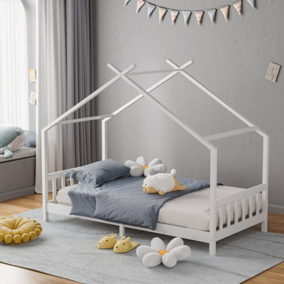 Pine Wood House Bed with Roof Low Floor Single Bed Frame for Kids White 156cm H