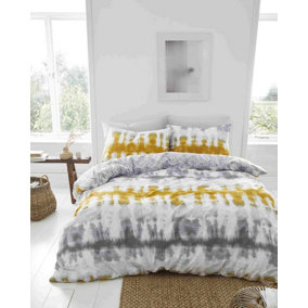 Pineapple Elephant Bedding Hermosa Tie Dye Cotton Double Duvet Cover Set with Pillowcases Grey/Ochre