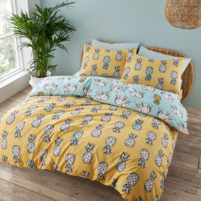 Pineapple Elephant Bedding Tupi Pineapple Cotton Double Duvet Cover Set with Pillowcases Ochre Teal