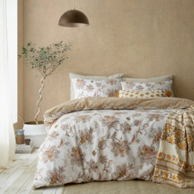 Pineapple Elephant Sahara Floral Reversible Duvet Cover Set with Pillowcase Beige