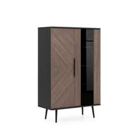 Pinelli Display Cabinet - Chic Black Graphite & Oak with Glass Shelves - W900mm x H1400mm x D410mm