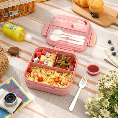 Pink 1.4L Leak-Proof 3-Compartment Lunch Box with Cutlery Set, 18.8cm W ...