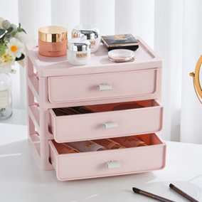 Pink 3-Drawer Desktop Pull Out Cosmetic Storage Box Makeup Organizer
