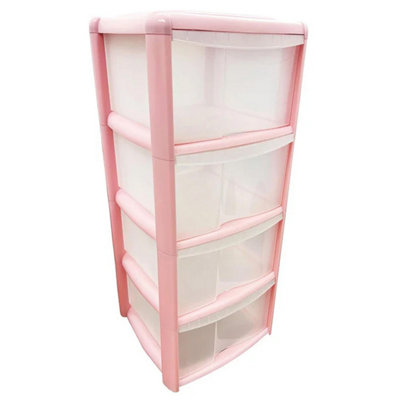 Pink 4 Storage Tower Unit With Clear Spacious Drawers For Home Office Schools