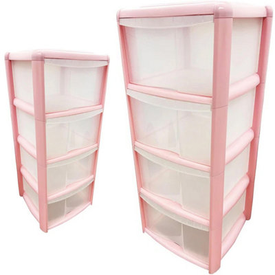 Pink 4 Storage Tower Unit With Clear Spacious Drawers For Home Office Schools