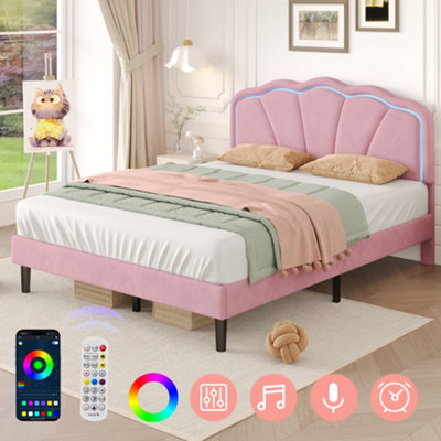 Pink 4ft6 Double Velvet Bed Frame with LED Adjustable Shell Headboard ...
