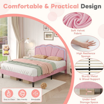 Pink 4ft6 Double Velvet Bed Frame with LED Adjustable Shell Headboard ...
