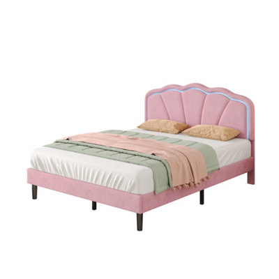Pink 4ft6 Double Velvet Bed Frame with LED Adjustable Shell Headboard ...