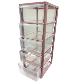 Pink 5 Drawer Storage Tower Unit With Clear Spacious Drawers For Home & Office Organisation