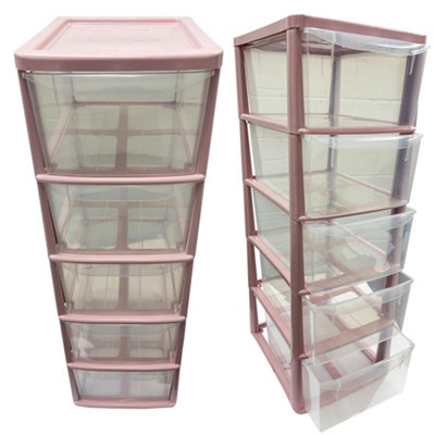 Pink 5 Drawer Storage Tower Unit With Clear Spacious Drawers For Home & Office Organisation