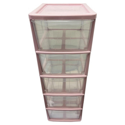 Pink 5 Drawer Storage Tower Unit With Clear Spacious Drawers For Home & Office Organisation - 3