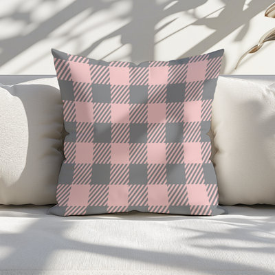 Pink and Grey Check  Printed Faux Suede Cushion 45cm x 45cm