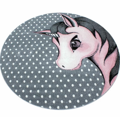 Pink and Grey Polkadots Unicorn Circle Rug - Kids - 120CM