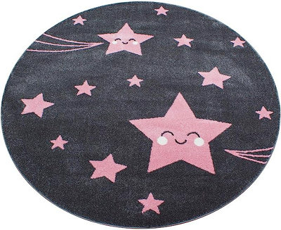 Pink and Grey Stars Circle Rug - Kids - 120CM