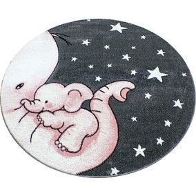 Pink Baby Elephant and Stars Cirlce Rug - Kids - 120cm