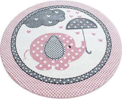 Pink Baby Elephant Hearts Circle Rug - Kids - 160CM