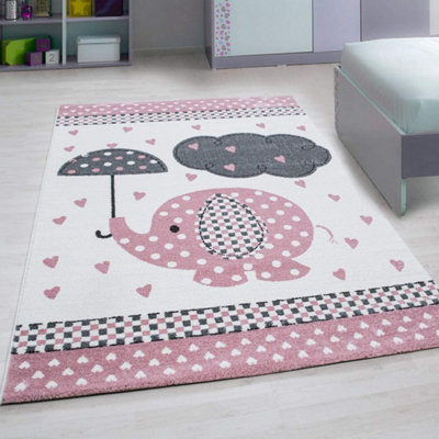 Pink Baby Elephant Hearts Rug - Kids - 120x170cm