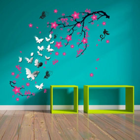 Pink Blossom Flowers and Butterflies Mirror Mirror Stickers Nursery Home Decoration Gift Ideas 101 pieces