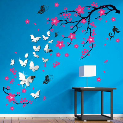Pink Blossom Flowers and Butterflies Mirror Mirror Stickers Nursery Home Decoration Gift Ideas 101 pieces