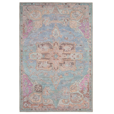 Pink Blue Pastel Traditional Medallion Anti Slip Washable Rug 120x170cm
