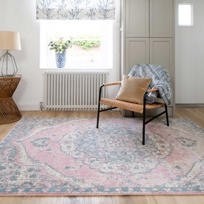 Pink Blue Pastel Traditional Medallion Living Area Rug 120x170cm