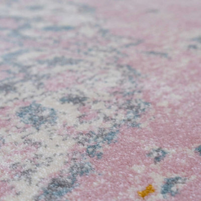 Pink Blue Pastel Traditional Medallion Living Area Runner Rug 60x240cm