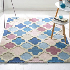 Pink Blue Wool Modern Geometric Handmade Easy To Clean Living Room Bedroom & Dining Room Rug-80cm X 150cm