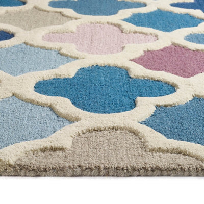 Pink Blue Wool Modern Geometric Handmade Easy To Clean Living Room Bedroom & Dining Room Rug-80cm X 150cm