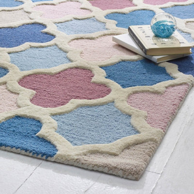 Pink Blue Wool Modern Geometric Handmade Easy To Clean Living Room Bedroom & Dining Room Rug-80cm X 150cm