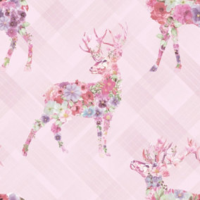 Pink Blush Floral Stag Wallpaper Geometric Check Paste The Wall Feature Animal