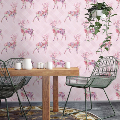 Pink Blush Floral Stag Wallpaper Geometric Check Paste The Wall Feature Animal