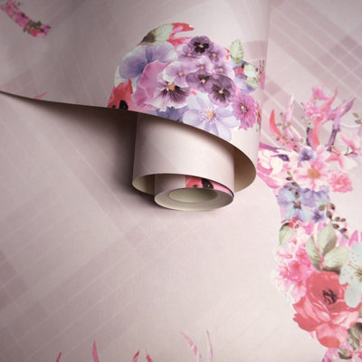 Pink Blush Floral Stag Wallpaper Geometric Check Paste The Wall Feature Animal