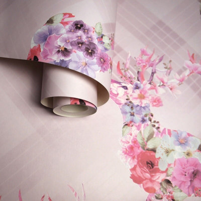 Pink Blush Floral Stag Wallpaper Geometric Check Paste The Wall Feature Animal