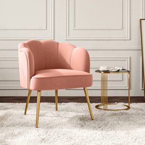 Pink Casual Frosted Velvet Shell-shaped Armchair Petal Backrest with Golden Metal Legs