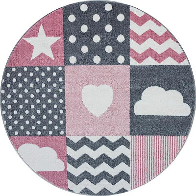 Pink Checked Circle Rug - Kids - 120CM